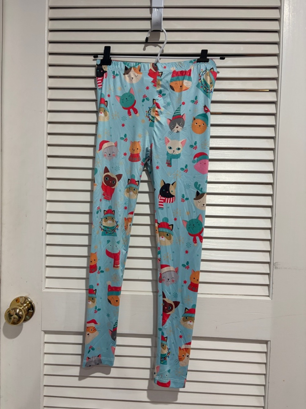 Girls' Light Blue Holiday Cats Leggings